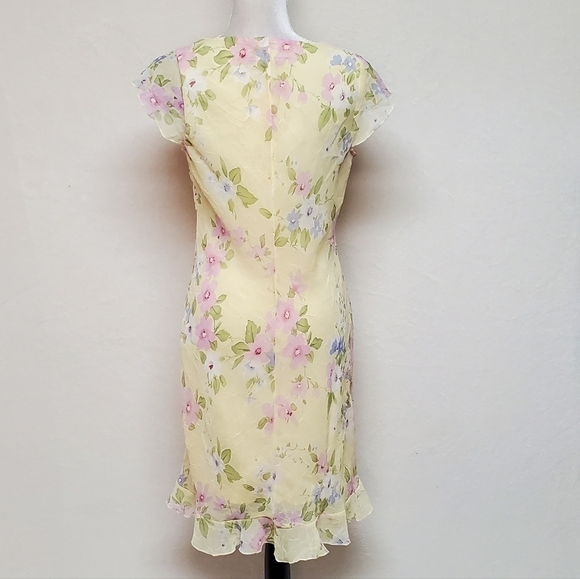 Vintage City Triangles Yellow Pink Floral Ruffle Flutter Sleeve Chiffon Dress M - Picture 13 of 14